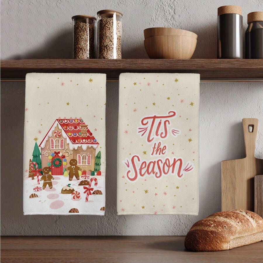 MEMNUN 2 件圣诞快乐姜饼屋和姜饼人红白条纹糖果插图 Tis The Season 文字印花厨房毛巾、洗碗巾、手巾、洗碗布、圣诞装饰、家居装饰、厨房装饰、烹饪烘焙茶巾、清洁用品,适用于餐厅、厨房、圣诞节节日装饰和礼物,所有季节 - 彩色 - 查看 1