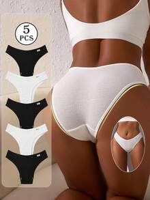 5pcs Pack Women's Ribbed Panties, High Elasticity Solid Color Letter Design Low Waist Underwear - Black and White - View 4