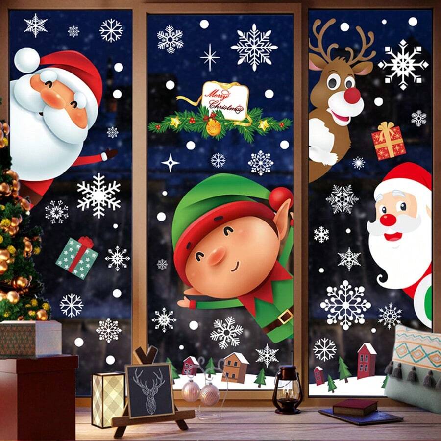 245 Stücke (9 Blatt) Schneeflocken Fensteraufkleber, Glasaufkleber, Party Schneeflocken Aufkleber, Weihnachtsmann Rentier Aufkleber, Aufkleber, Wandaufkleber, PVC Material Aufkleber, Weihnachtsstadt Schnee Cartoon Weihnachtsmann statische Aufkleber, Weihnachtsbaum Schneeflocke Pflicht Fensteraufkleber, Winterurlaubs Weihnachts Geschäftsauslagen Fenster Dekorationen