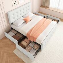 Fulvari Full/Queen/King Size Bed Frame With Headboard,Linen Upholstered Platform Bed Frame With 4 Storage Drawers,Button Tufted Style,No Box Spring Needed - 米色 - 查看 7