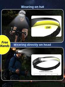 1 Lanterna de Cabeça Recarregável USB LED+COB, Lanterna de Cabeça com Sensor de Movimento, Adequada para Corrida, Pesca, Camping, Trilha, Luzes de Emergência