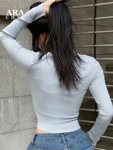 ARA CHIC Women's Gray Pure Desire V-Neck Knitted Cardigan With Lace Layered Inner Slim Short Coat Top, New Autumn Style