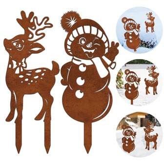 1pc/2pcs Set, Vintage Metal Christmas Deer & Snowman Garden Decor Stakes, Cute Rustic Outdoor Decor Sculptures, Christmas Yard Art, Rusty Iron Garden Decor Stakes, Outdoor Sculptures, Metal Art Stakes, Garden Art Stakes, Metal Iron Yard Decor, Yard Landscape Decor, Holiday Yard Decor, Plant Support Decor, Outdoor Landscape Design, Garden Ornaments, Rusty Crafts