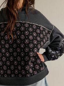 Patchwork Hoodies For Teen Girls Long Sleeve Flower Hibiscus Graphic Print Pullover Sweatshirt Cute Floral Oversized Hoodie - Dark Grey - View 3