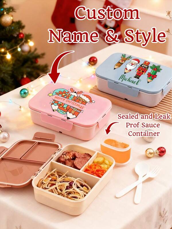 Customized Name Portable Lunch Box With Leak-Proof Sauce Container, Custom Children's Exclusive Bento Box, Christmas Triple Grid Style Lunch Box, Built-In Utensils, Fork Spoon, Meal Prep Container With Triple-Sided Buckle Design, 1200ml Adult Bento Box Lunch Box For Women And Men, Gift For Teachers, Ideal Gifts For Him