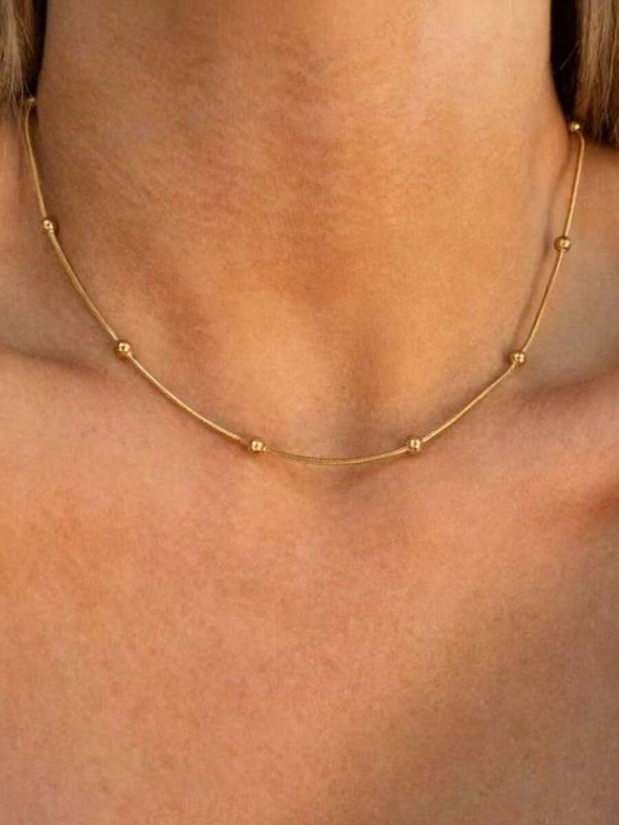 1pc Minimalist Style Golden Beaded Circular Snake Chain Necklace, Elegant Neck Accessory Suitable For Women's Daily Wear
