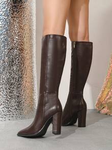 大码女士时尚办公室派对宴会靴，过膝高跟休闲步行靴，秋冬时装秀粗跟高筒靴，踝靴 - 棕色 - 查看 3