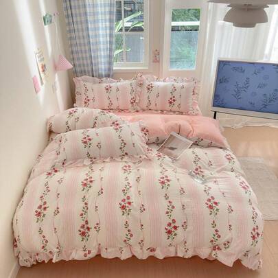 Floral Pattern Duvet Cover Set, 4 Counts/Set Including 1 Pleated Duvet Cover & 1 Flat Sheet & 2 Pillowcase Without Filler, Decorative Soft Bedding Set For Home Bedroom, Ditsy Floral Bedding, Comfy Bed Sets, Machine Washable Duvet, Bed Sets Supplies