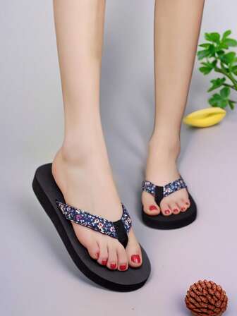 2.5cm Platform Flip Flops, Printed Thong Sandals, Fashion Versatile Daily Casual Shoes For Women, EVA Wedge Thick Sole Comfortable Slippers, Outdoor Matching Beach Shoes