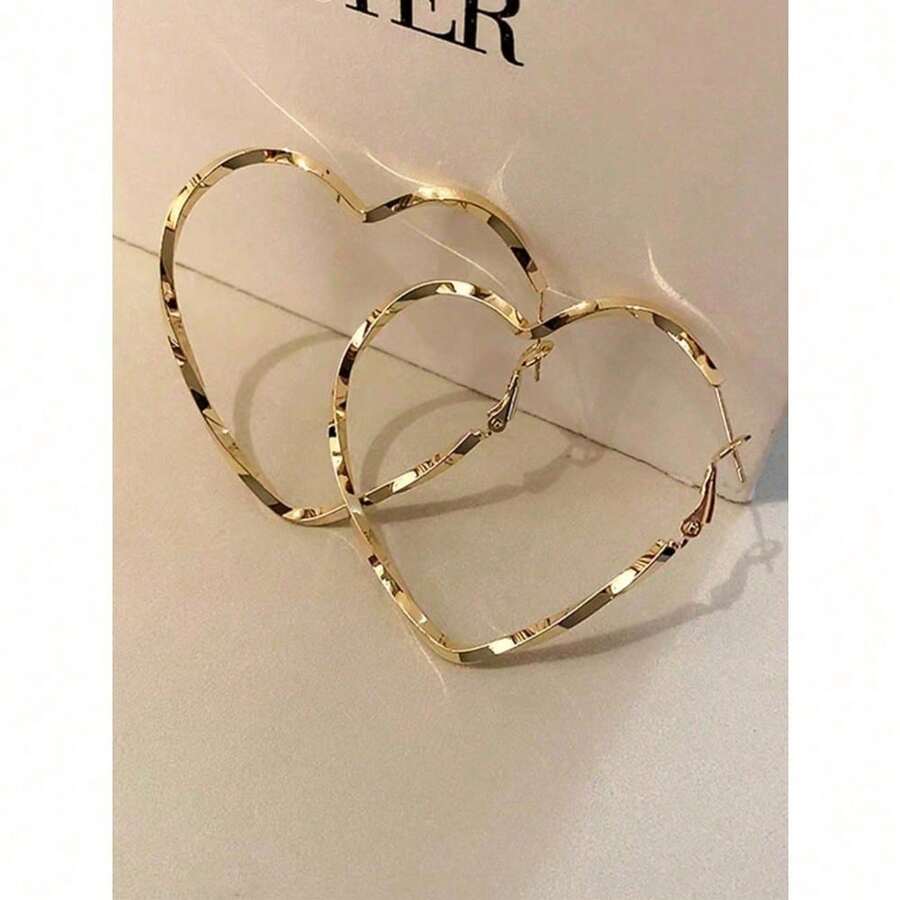 1 Pair Fashionable Heart-Shaped Hoop Earrings, Chic Twisting Earrings With High-End Feel, Suitable For Women's Casual Daily Wear - 金色 - 查看 1