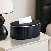 奢华竖条纹 PU 皮革椭圆形纸巾盒，优雅金边餐巾纸分配器 - 彩色 - 查看 8