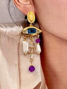 1 Pair Vintage Punk Style Middle Ages Droplet Tassel Luxury Earrings, French Fashion Shiny Rhinestone Eye Shape Earrings, Suitable For Personalized Fashionable - White - View 8