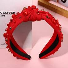 Valentines Day Headband For Women Red Heart Knotted Pearl Rhinestone Jeweled Hairband Fashion Valentine Holiday Wide Head Band Hair Accessories Gifts (Red Knot Hairband) - 紅結髮帶 - 查看 7
