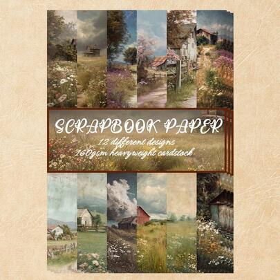 24PCS Vintage Wild Grass And Wood House Landscape Scrapbook Paper, 6.7*4.7inch Single Side High Quality 160gsm Scrapbooking Creative Material Paper For Bullet Diary, Trash Magazine, Greeting Card, Photo Album And Crafts