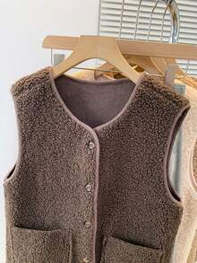 YUXIN ¡Artículo esencial para mujer en otoño/invierno! Chaleco de cárdigan sin mangas de borreguito sintético suave con bolsillos dobles, súper cálido y versátil para uso diario