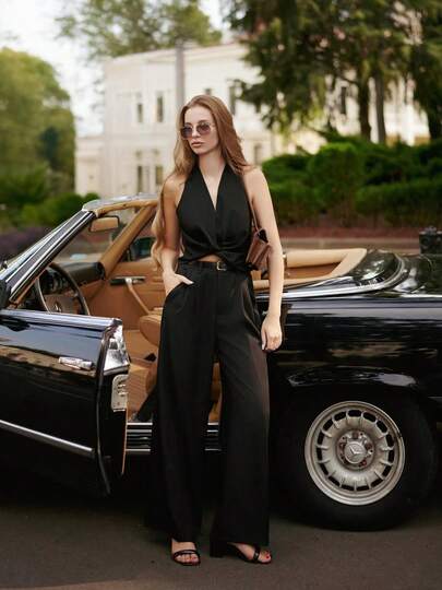 ORNATELLA Women's Solid Color Pleated Pocket Elegant Minimalist Dress Pants