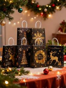 12 piezas - Bolsas de tela negras con asas para Navidad, bolsas de regalo de Navidad, bolsas de fiesta de Navidad con diseño de Papá Noel, reno y campanas, reutilizables, bolsas de mano negras para fiestas, de 8.3x5.9x3.2 pulgadas, bolsas de compras, bolsas de obsequios, decoraciones navideñas para el hogar, regalos de Navidad y Año Nuevo 2026