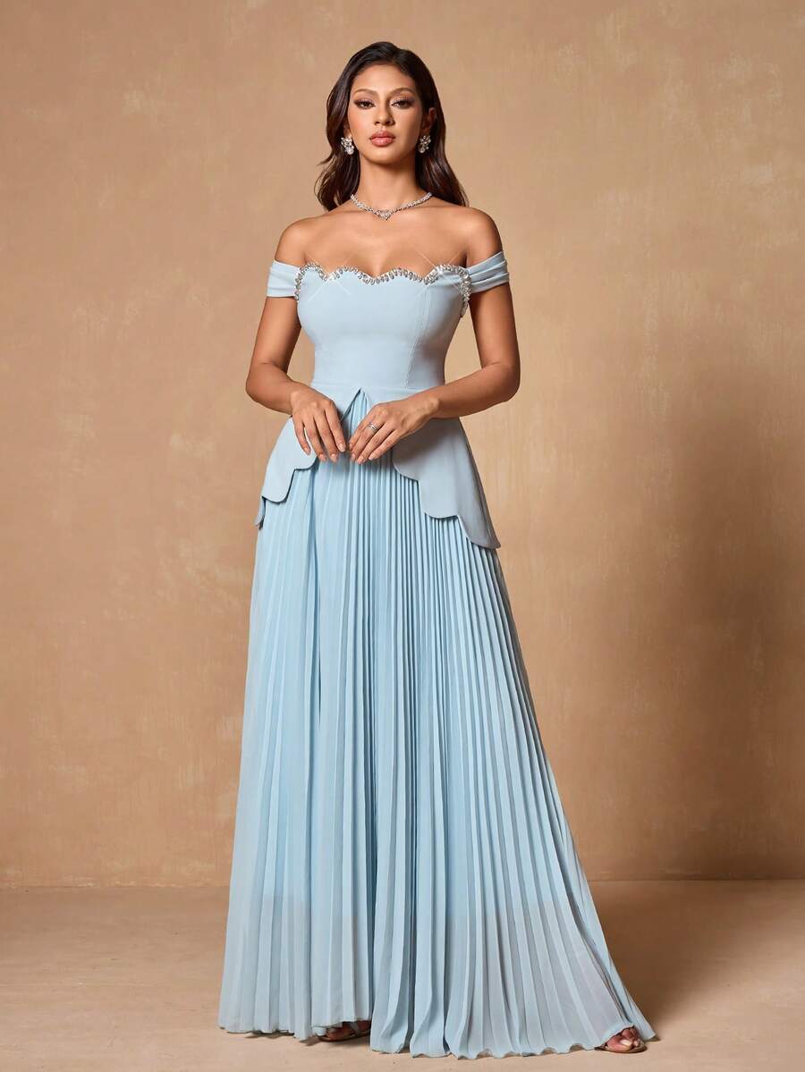 Elisanya 女士纯色露肩连衣裙，水钻装饰领口，不对称下摆，褶皱设计，优雅长款礼服，适合宴会、派对 - 淺藍色 - 查看 1