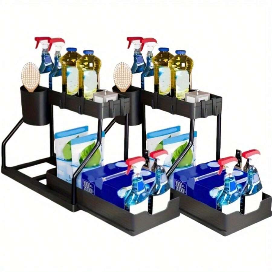 1/2pcs Space-Saving Double-Layer Pull-Out Storage Organizer With Durable Plastic Drawers - Large Capacity Under-Sink Shelf, Suitable For Kitchen, Bathroom & Laundry Room, Expandable Design, Easy To Clean, Bathroom Storage And Utility Rack – 5 Combinations, Utility Racks, Under Sink Organizer And Storage/Pull Out, Under Bench Drawer, Utensil Holder For Kitchen Counter, Bathroom Organizer And Storage, Kitchen Storage Rack, Kitchen Accessories, Storage Shelf, Kitchen Shelf - 2 chiếc màu đen - Xem 1