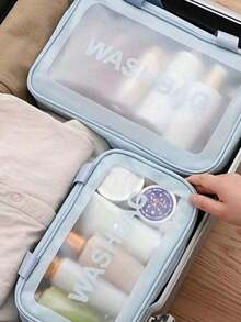 4-In-1 Summer Travel Makeup Bag, PVC Waterproof Toiletry Organizer, Cosmetic Bag, Beach Pouch, Suitable For Eyeshadow, Sanitary Napkin, Lipstick, Cosmetics, Eyeliner, Lip Gloss, Skin Care, Summer Travel Essential, Fit For Shopping, Vacation, Home, Bathroom, Holiday, Beach - Blue - View 9