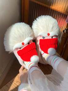 1 双青少年圣诞老人节日保暖内衬平底休闲家居拖鞋，秋冬保暖 - 紅白色 - 查看 5