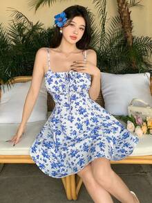 Women's Floral Suspender Short Dress, Suitable For Play Dress, Beach Dress, Picnic Dress, Daily Dress