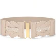 Vintage Stretchy Wide Elastic Belt With Gold Buckle For Women - 米色 - 查看 1