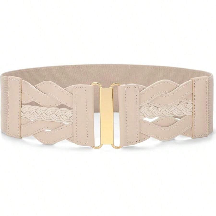 Vintage Stretchy Wide Elastic Belt With Gold Buckle For Women - 米色 - 查看 1