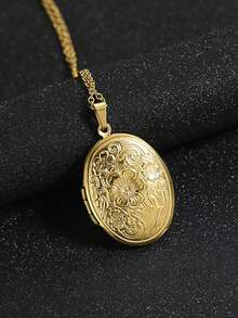 1pc Stainless Steel Hollow Vintage French 18K Plated Oval Embossed Floral Geometric Pendant Necklace, Can Open To Hold Photos, Minimalist Elegant Jewelry Gift For Men & Women, Valentine's Day