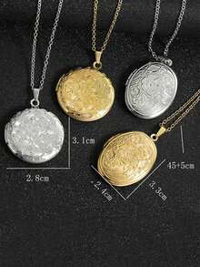 1pc Stainless Steel Hollow Vintage French 18K Plated Oval Embossed Floral Geometric Pendant Necklace, Can Open To Hold Photos, Minimalist Elegant Jewelry Gift For Men & Women, Valentine's Day