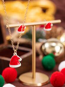 3pcs/Set Fashionable Christmas Santa Hat Pendant Necklace Earrings Set, Suitable For Christmas Decoration And Daily Wear, Christmas Gift For Family And Friends