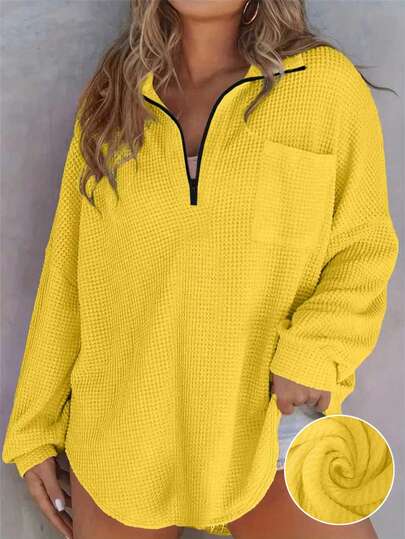 Plus Size Waffle Knit Zip Pocket Long Sleeve Top, Loose Fit, Popular European & American Autumn/Winter Style, Plus Size
