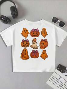 Halloween Pumpkin and Ghost T-Shirt Men's 220gsm Cotton T-Shirt with Double-Sided Print, Relaxed Crew Neck (1 Piece)