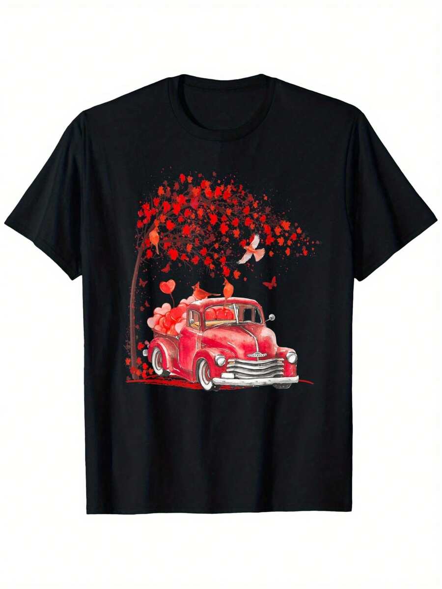 Camiseta gráfica de camión rojo para parejas del Día de San Valentín – 100% algodón, tallas S-XXXL, negra con diseño de coche vintage y corazones, camiseta casual para exteriores para hombres y mujeres - Negro - Ver 1