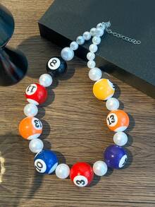 1pc New Colorful Billiard Table Necklace, Unique Dopamine Color Pearl Adjustable Choker Necklace