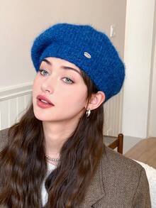 1pc Women's Classic Fuzzy Beret Hat, Knitted Solid Cloud Beanie, Fine Fleece Painter Cap, Casual Style Newsboy Hat, Suitable For Autumn/Winter Daily Wear, Walkable, Shopping