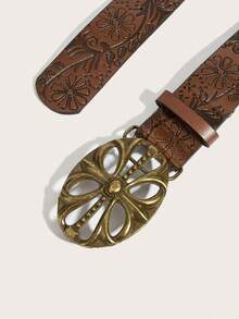 1 件女式复古合金扣印花 PU 皮带，适合西部牛仔风格 - 咖啡棕 - 查看 4