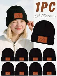 1pc Men's PU Leather 26 Letter Warm Knit Beanie, Soft & Comfortable Unisex Slouchy Beanie, Suitable For Autumn/Winter Outdoor Wear, Fashion Accessory, Great Gift