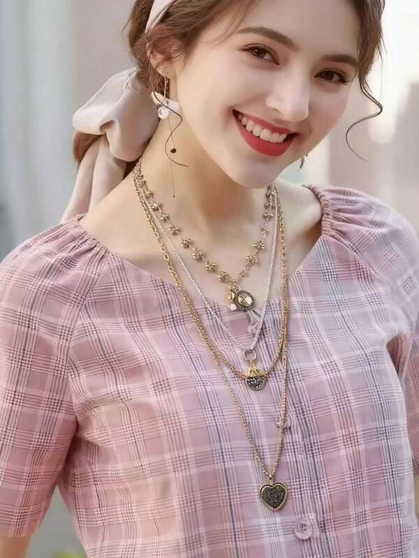 قلادة علامة معدنية هندسية متعددة الطبقات عالية الجودة والفخامة ذات لونين، مناسبة للاستخدام اليومي للنساء وكهدايا المناسبات