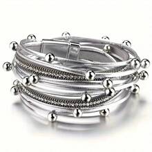 Multi-Layer PU Leather Bangle For Women - Fashion Diamond-Inlaid Leopard Print, Magnetic Closure - 銀色 - 查看 2