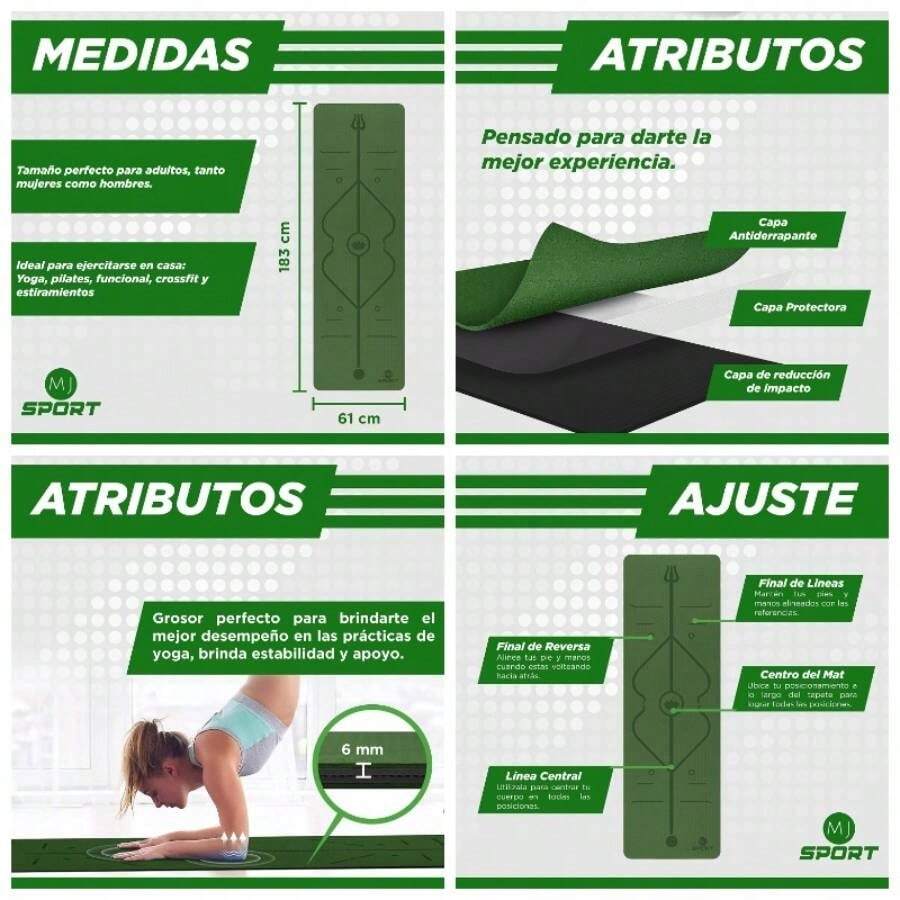 Tapete Antideslizante Yoga 6mm con lineas de alineacin Esterilla antiderrapante de alta calidad de TPE para yoguis, pilates, entrenamiento en casa, funcional y estiramientos con lneas de Gua - Verde - Ver 1