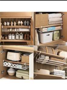 1pc Retractable Shoe Rack, Household Retractable Shoe Cabinet, Layered Partition Board Shoe Tray, Lower Hanging Basket Storage Rack, Cabinet With Layered Partitions Inside, Space-Saving Layered Partitions, Used For Storing Shoes In Home Cabinets, Lower Hanging Hanging Storage Rack - Multicolor - View 5