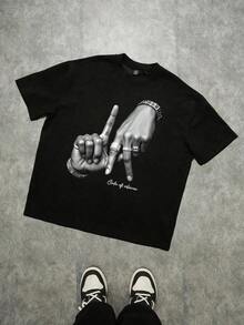 Manfinity  Los Angeles LA Hand Gesture Logo Print Street Style Black Drop Shoulder T-Shirt For Men - Black - View 2