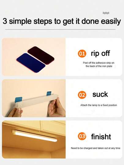 1pc 10cm/3.94in, 20cm/7.87in, 30cm/11.81in, 50cm/19.69in LED Rechargeable Eye Care Bureau Lamp, Wireless Motion Sensor Cabinet Light, Reading Under Magnetic Strip Bookshelf Bedroom/Storage Room Night Portable held USB Lamp view 4