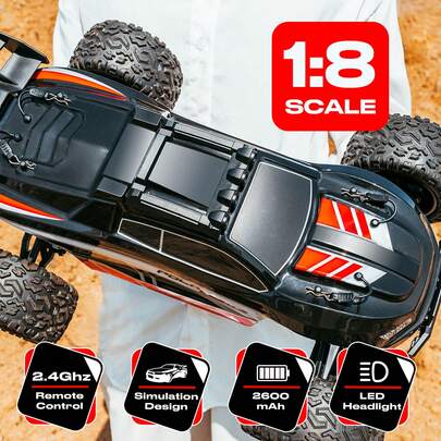 1:8 Scale All Terrain Off-Road RC Car, 45KM/H High Speed Monster Truck With 2.4 GHz Remote Control, Two Rechargeable 2600mAh Batteries, Racing Car Road Gripping,  LED HeadLights, Birthday Halloween Christmas Gifts For Adults