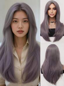 灰紫色 26 英寸长直发假发分层自然发质光滑逼真假发合成假发适合女性日常派对婚礼假发万圣节使用角色扮演服装假发多功能街头时尚假发 - 淺灰紫 - 查看 2