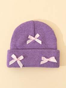 1pc Baby Girls' Knitted Beanie Hat With 3 Bows, Cute Infant Warm Knit Hat With Folded Brim, Elongated Winter Warm Baby Hat, Fashion Personalized Baby Warm Hat