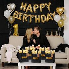 5 Senses Bags Him Her With 10 Gold Tissue Paper, 9.1x8.7x4.3In Reusable Non - Woven Sight Smell Taste Sound Bags With 5 Label Birthday, Wedding, Valentine's Day Present - 黑金 - 查看 5