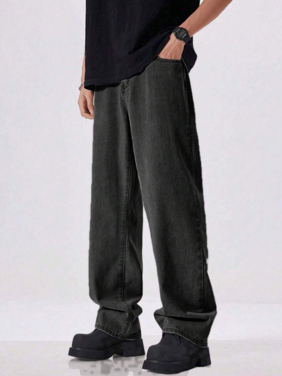 Jeans Business Straight Leg Men's Slim Fit Multifunctional Solid Color Pants Mid Waist Commuting Casual Wear, Fashionable Street Side Four-Color Optional Straight Leg Version, Easy And Comfortable To Wear All Year Round - Màu xám đen - Xem 1