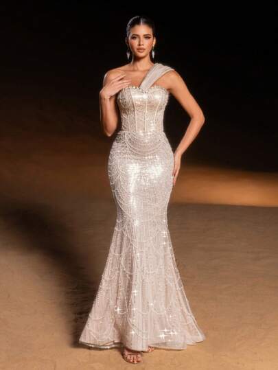 Faeriesty Vestido de noite elegante, estilo sereia, com um ombro só e contas, de alta elegância, com delicado tecido transparente drapeado – bordados intrincados estilo espartilho, saia com estampa de leque e graciosa silhueta de sereia para casamentos, galas, bailes de formatura e eventos de tapete vermelho